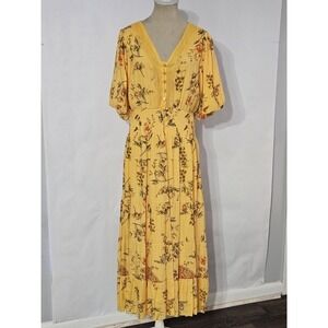 J Gee Women's Yellow Floral V-neck Puff Sleeve Midi Dress